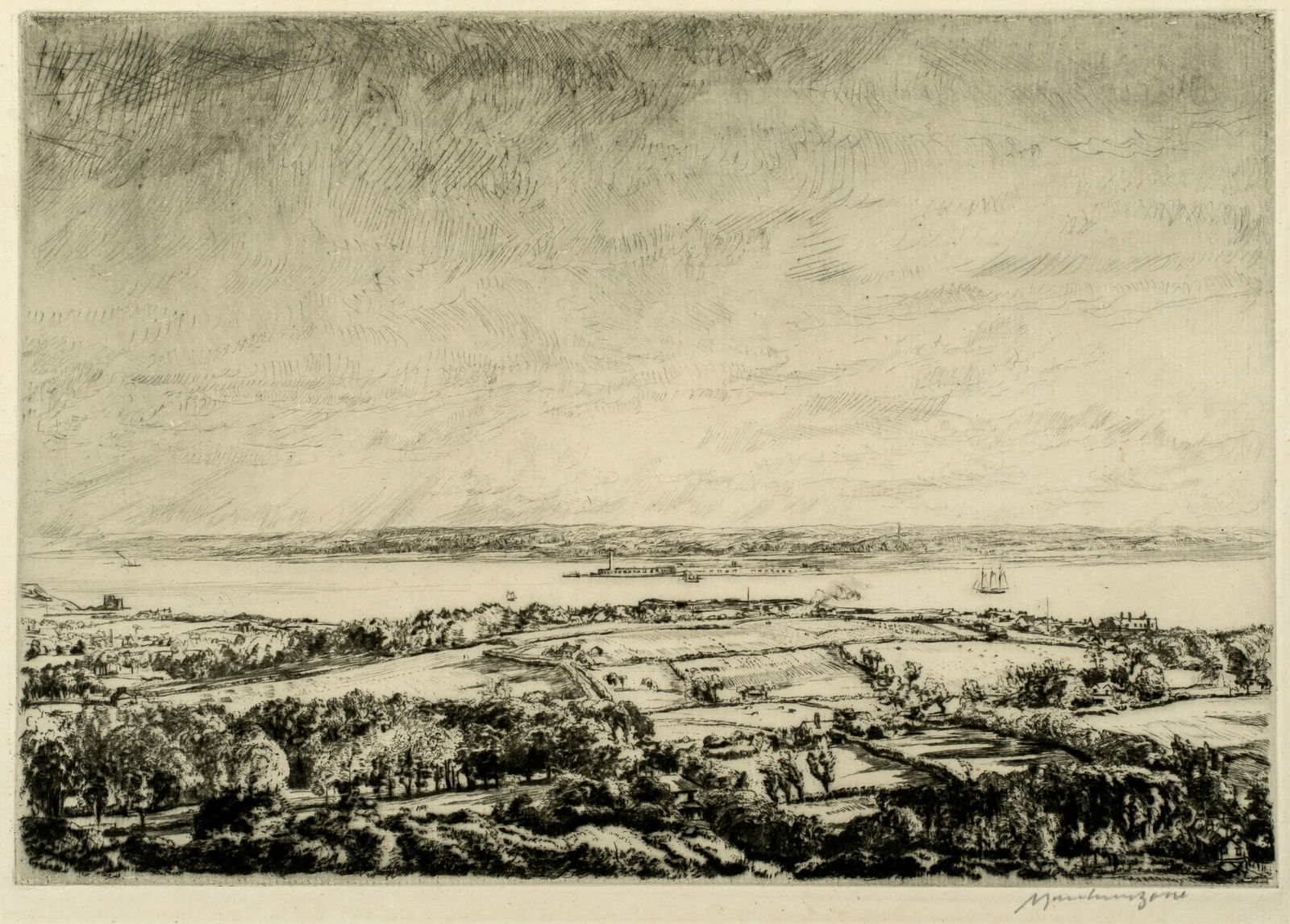 Sir Muirhead Bone (1876-1953) The Solent, 1920: Isle of Wight scene in drypoint etching, pencil signed lower right; v/xiv, on of five impressions in this state. 6 3/4" x 9 3/4", sheet size 8 3/4" x 11 1/2".
