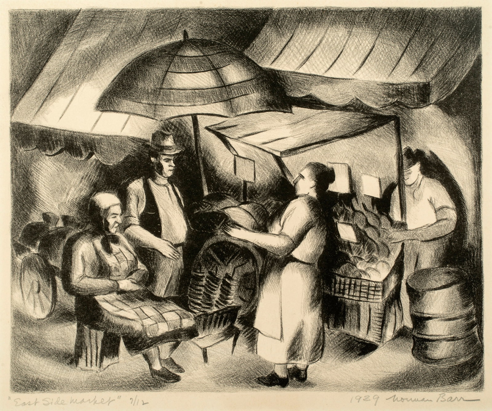 Norman Barr (1908-1994) East Side Market, 1939: Lithograph for the WPA (Works Progress Association), signed, dated and editioned in pencil. 10" x 12 1/2", sheet 11 1/2" x 16" Barr was born in Russia and came to NYC as a child.&n