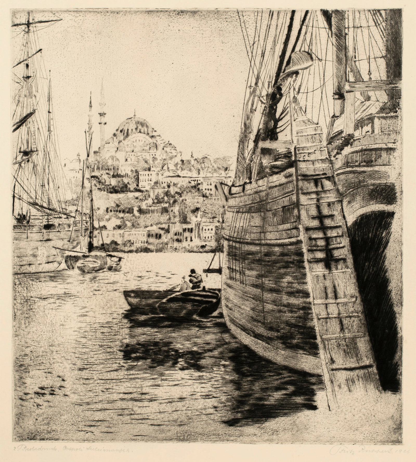 Fritz Ruppert (1878-1937) Ships in Harbor, Bosporus, Constantinople, 1926: Etching and drypoint, pencil signed, dated and titled. 19 1/2" x 17 1/2", sheet 31 1/2" x 24 1/2". 