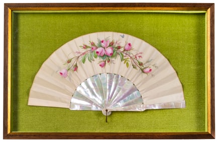 An Antique Mother of Pearl and Painted Silk Fan