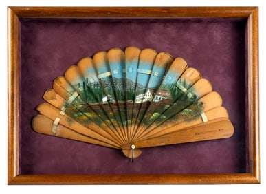 A Folk Art Hand Painted Mount Monadnock, Jaffrey NH Fan