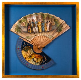 Two Antique Mixed Media Pictorial Fans Framed Together