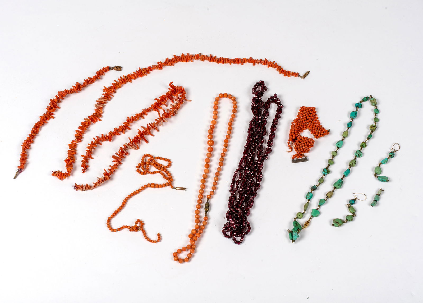 A Group of Antique Coral, Turquoise and Garnet Beaded Jewelry (1 of 4)