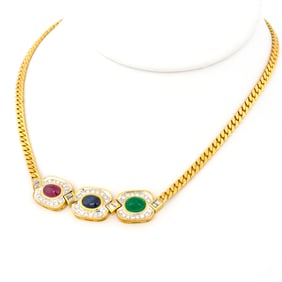 Vintage 14K Gold Emerald, Ruby and Sapphire Necklace