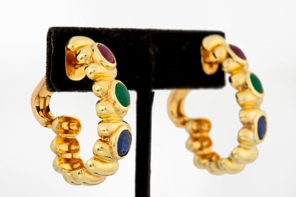 Vintage 14K Gold Ruby, Emerald and Sapphire Hoop Earrings