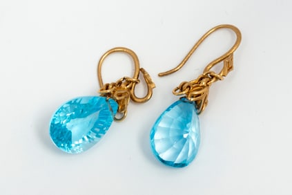 Estate Designer 14K Gold and Large Topaz Drop Earrings