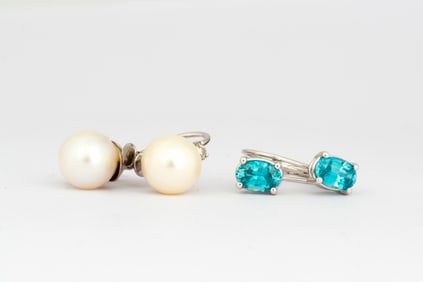 Two Pairs of 14K White Gold Gemstone Earrings