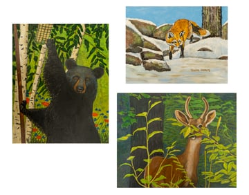 Jerome Varnum (1955-2024) Three New Hampshire Wildlife Paintings; Fox, Bear and Buck