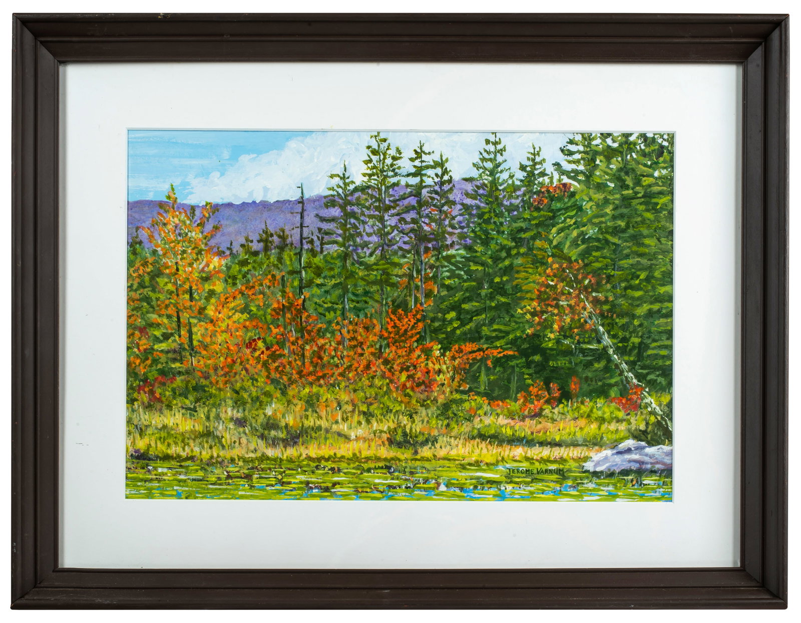 Jerome Varnum (1955-2024) Pleasant Pond: Acrylic on illustration board, signed lower right. 13" x 19" matted and framed to 20 1/2" x 26 1/2". 