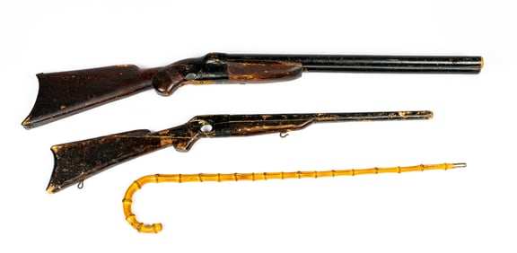 A Small Antique Bamboo Walking Stick and Two Antique Toy Wooden Shotguns