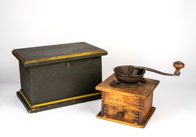 An Antique Coffee Grinder and Miniature Blanket Chest