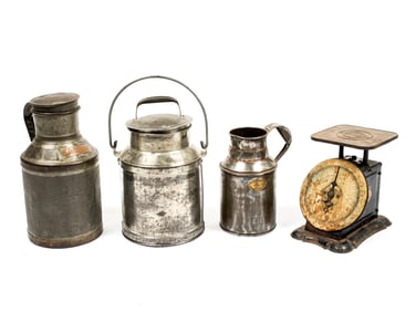 An Old Scale and Three Milk Cans