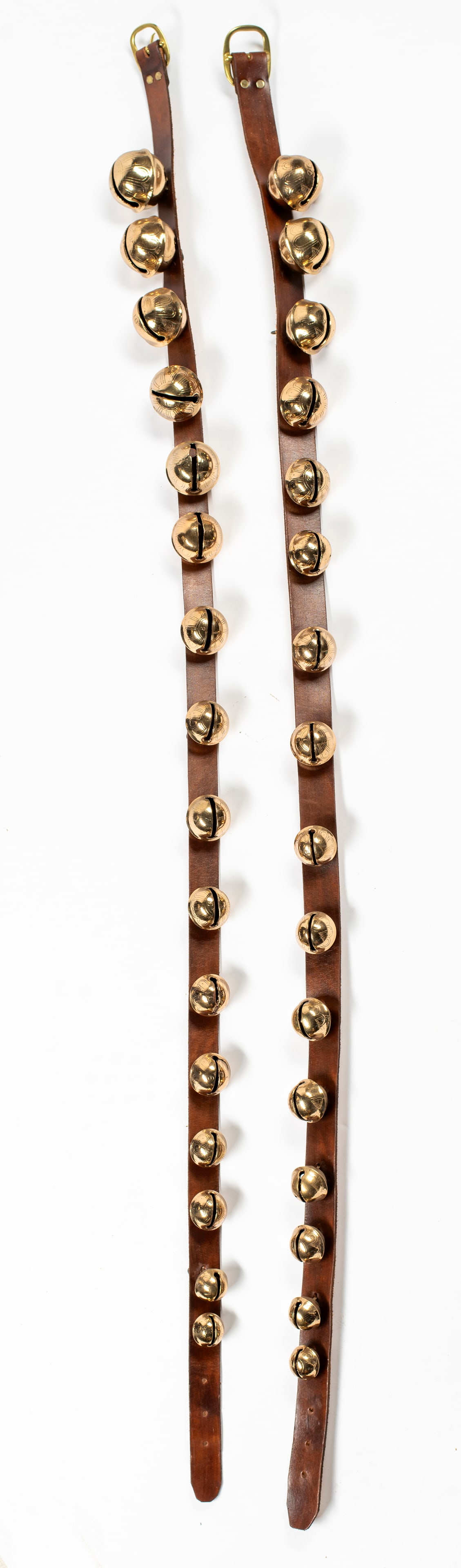 A Set of Antique Brass Sleigh Bells on Leather Straps (1 of 5)