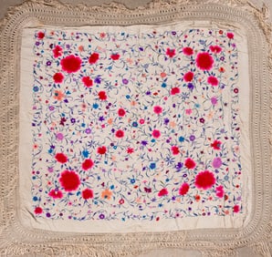 An Antique Chinese Export Embroidered Silk Piano Shawl