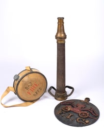 An Antique American LaFrance Fire Engine Company Fire Hose Nozzle along with Vintage Canteen and