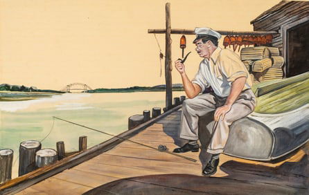 Fisherman, Cape Cod Canal, Sagamore Bridge, Original Illustration