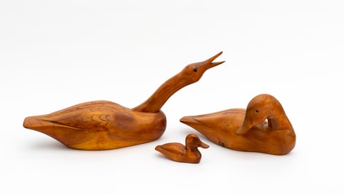 Three Carved Wooden Birds