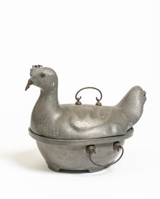 An Antique Chinese Pewter Chicken Form Lidded Oval Warming Dish