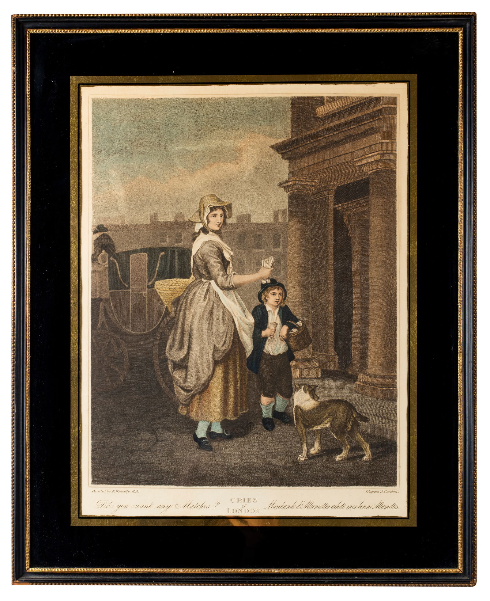 Wheatley's Cries of London, Do You Want Any Matches? Presentation Frame: After the 1794 painting by Francis Wheatley (1747–1801), engraved by Anthony Cardon. 15" x 11 1/2", matted and framed to 20" x 16".