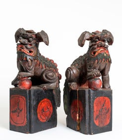 A Pair of 20th Century Carved and Painted Wooden Guardian Lions / "Foo Dogs"