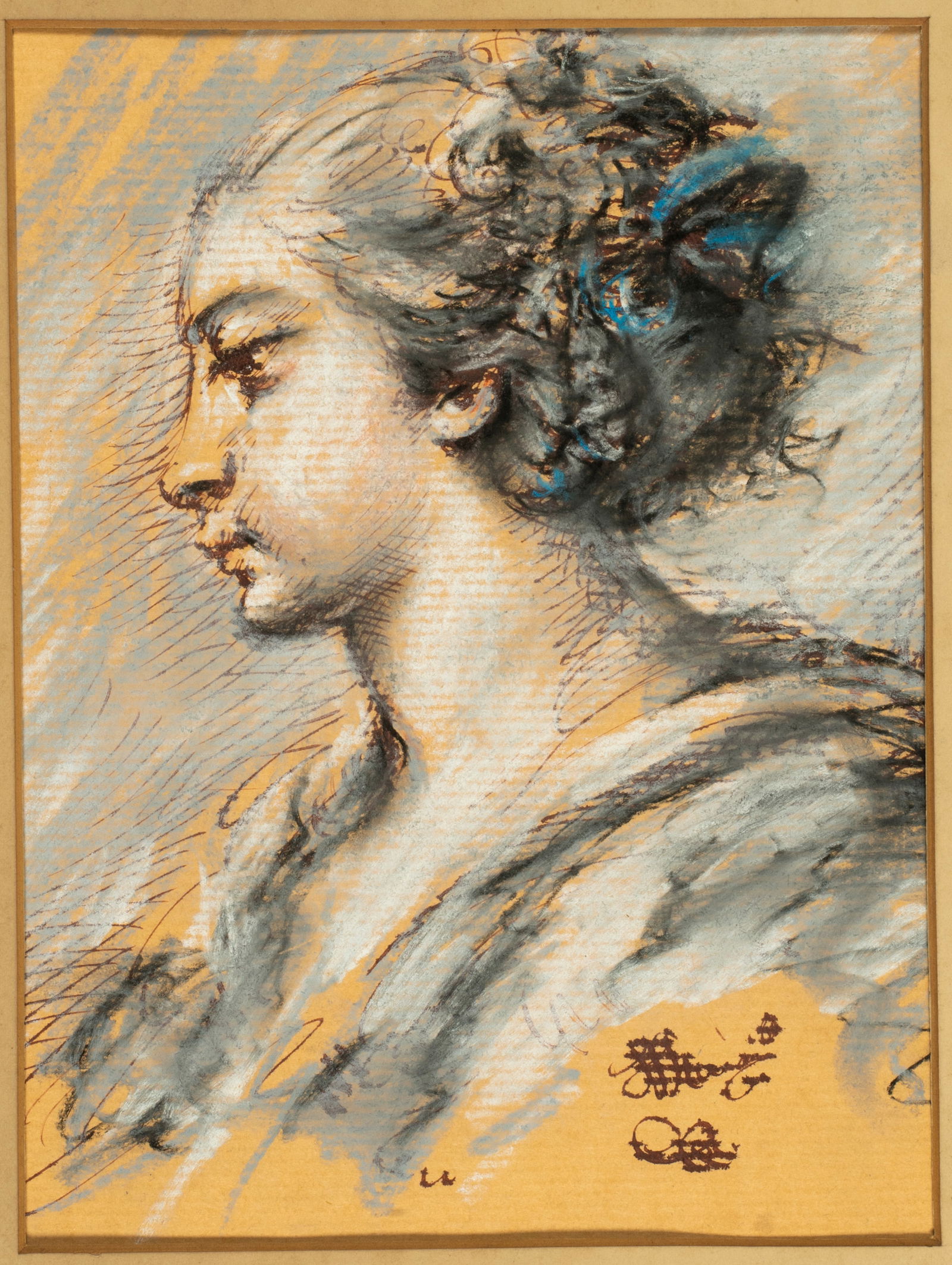 After Francois Boucher, Antique Old Masters Style Ink and Pastel Drawing Study: Mixed media drawing study, probably late 19th century or early 20th century. Image size 9" x 7", matted and framed to 16" x 13", antique frame in rather fragile condition, wi