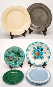 A Group of Plates- Wedgwood, Majolica, Pewter
