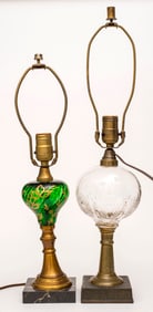 Two Converted Electrified Oil Lamps, Green and Clear