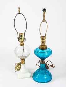 Two Converted Electrified Oil Lamps, Blue and Clear