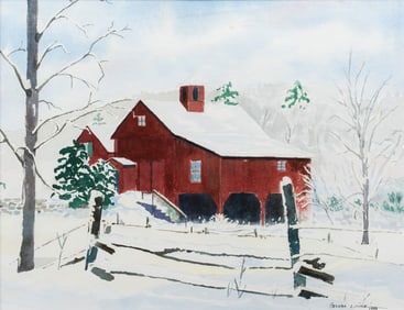 Vintage NH Watercolor, Barn in Winter, Signed Illegibly, 1999