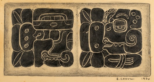 Eliezer Canul, Mayan Themed Pencil Sketch for Woodblock, 1974