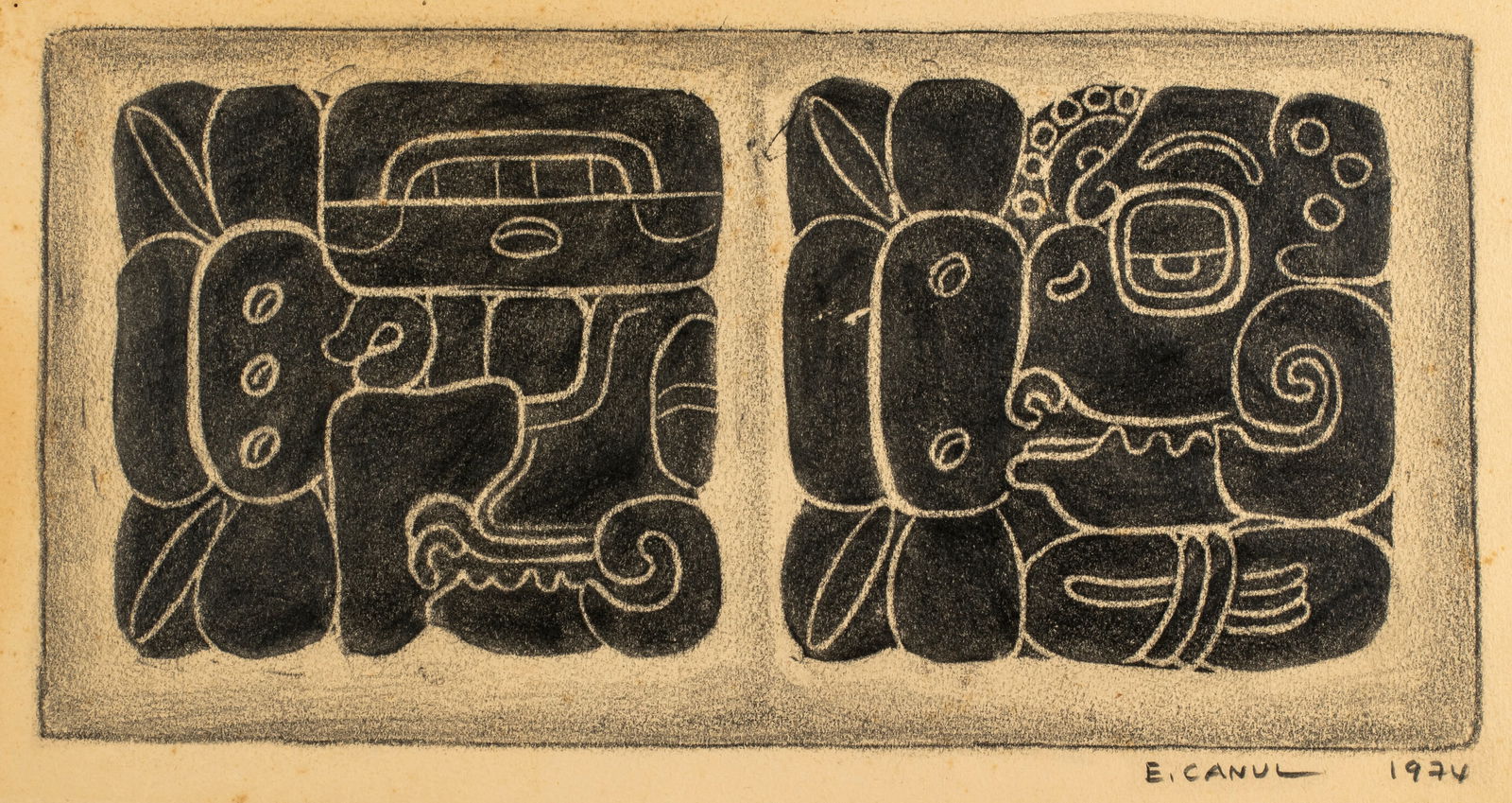 Eliezer Canul, Mayan Themed Pencil Sketch for Woodblock, 1974 (1 of 5)