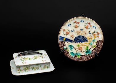 Austrian Sardine Dish and Majolica Fan Plate