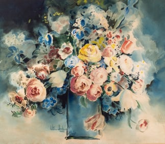 A Mid Century Floral Still Life Watercolor