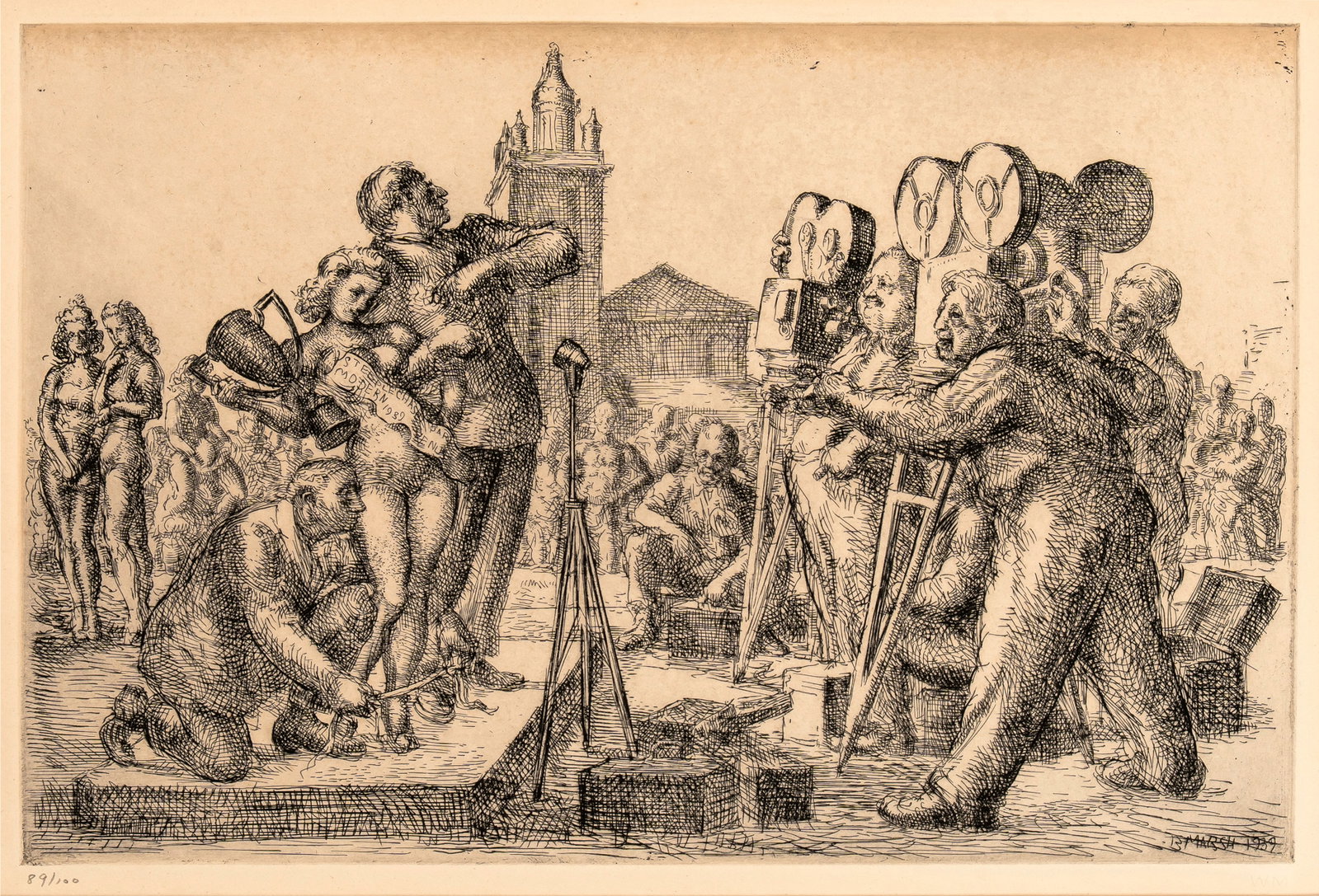 Reginald Marsh (1898-1954) Modern Venus, 1939: Etching, signed in plate, from a small unsigned 1969 edition by the Whitney Museum taken from the original plate, numberd 89/100. 8" x 12". Sasowsky catalog #184.