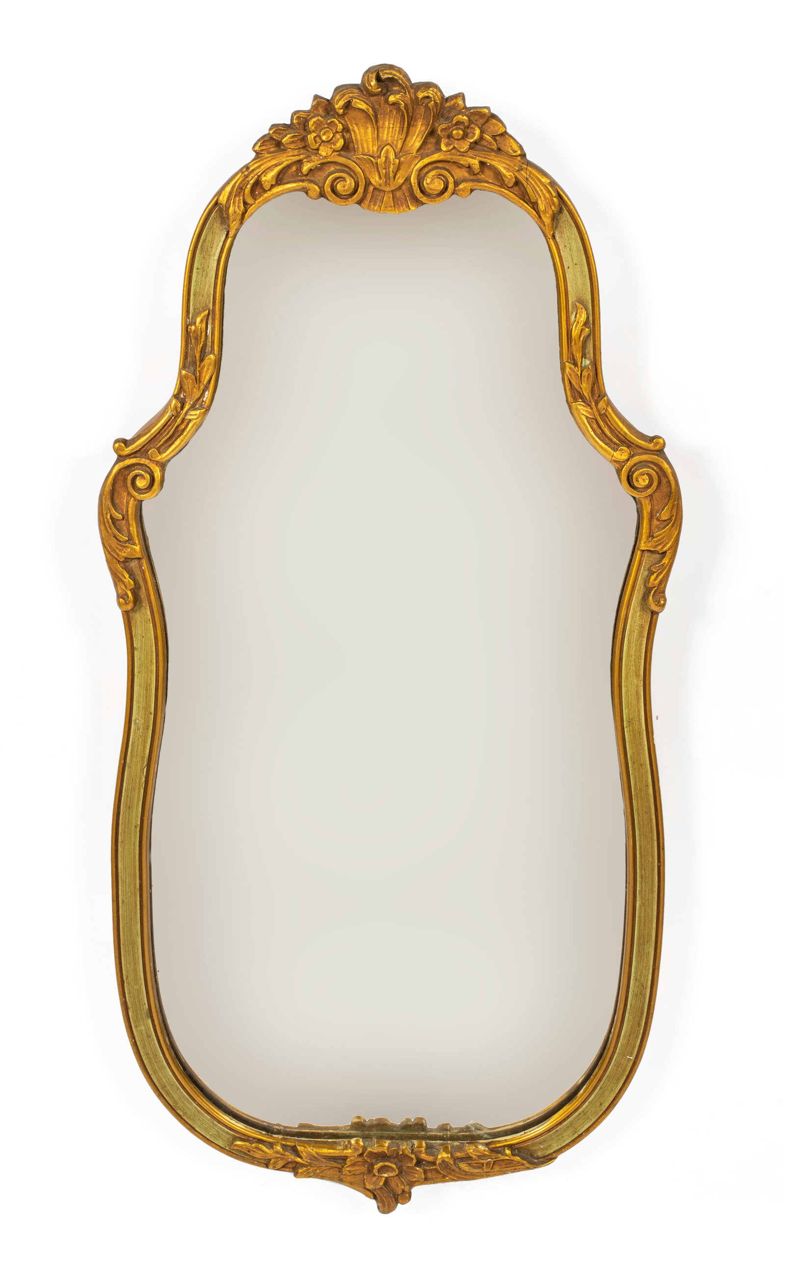 An Antique Rococo/Louis XV Style Painted and Carved Mirror: With floral motif, in gilt and blue green paint, overall size 28" x 13". Not original glass. Provenance: From a Lincoln, Massachusetts estate.