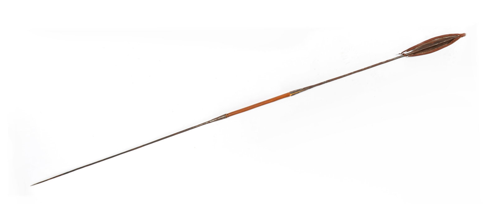 An African Spear: From Central Africa, likely Congo, comes in three parts with the center section in wood, a sheath to the blade end, a total length of 85 1/4" assembled.