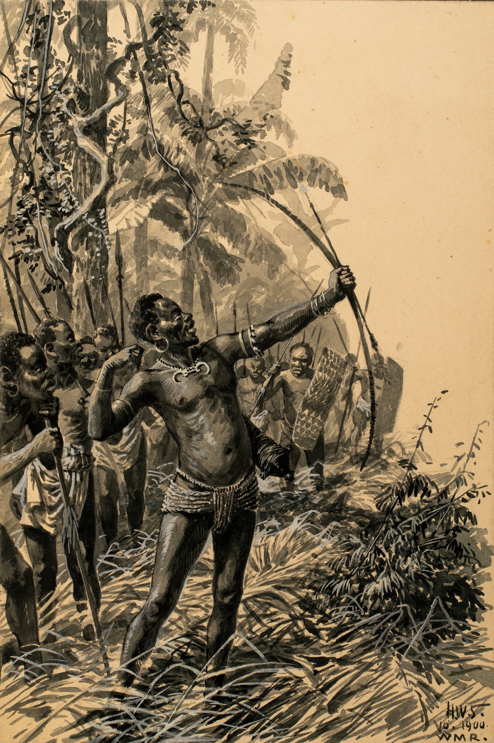Hans Werner Schmidt (1859-1950) Papua New Guinea Hunters, Illustration, 1900: Ink and gouache on paper, initialed and dated lower right. HWS 10 1900 WMR (Weimar). 9 3/8" x 8 1/4", laid down on card, 12 3/8" x 9 3/8". Descended from the estate of a Munich art dealer. Schmidt stu