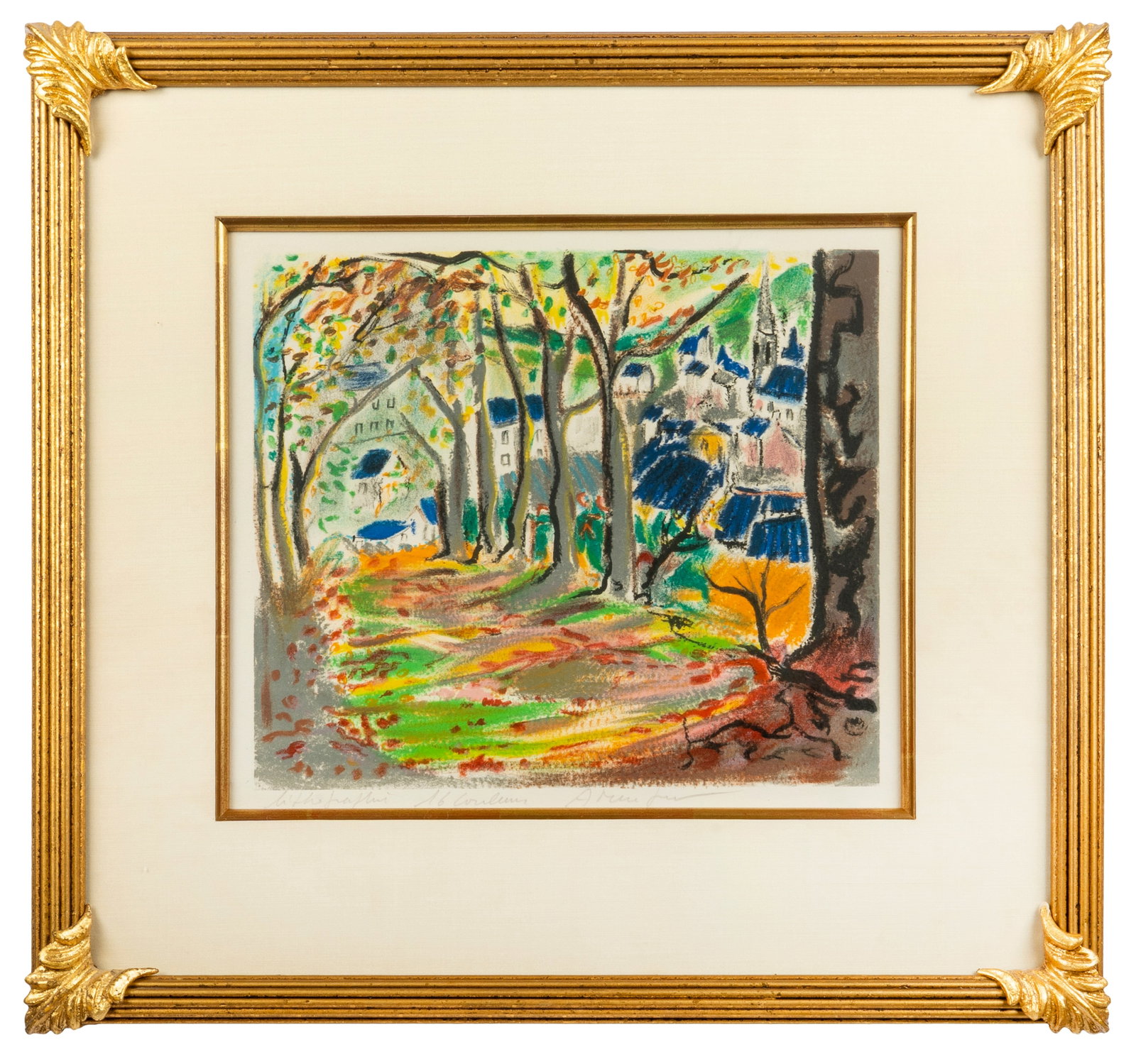 Alexandre Minguet (1937-1996) French Country Scene, Lithograph: Nicely presented. Purchased directly from the artist in March, 1991; Grand Case Studio, St. Martin. 9 1/4" x 10 1/2", matted and framed to 17" x 18".