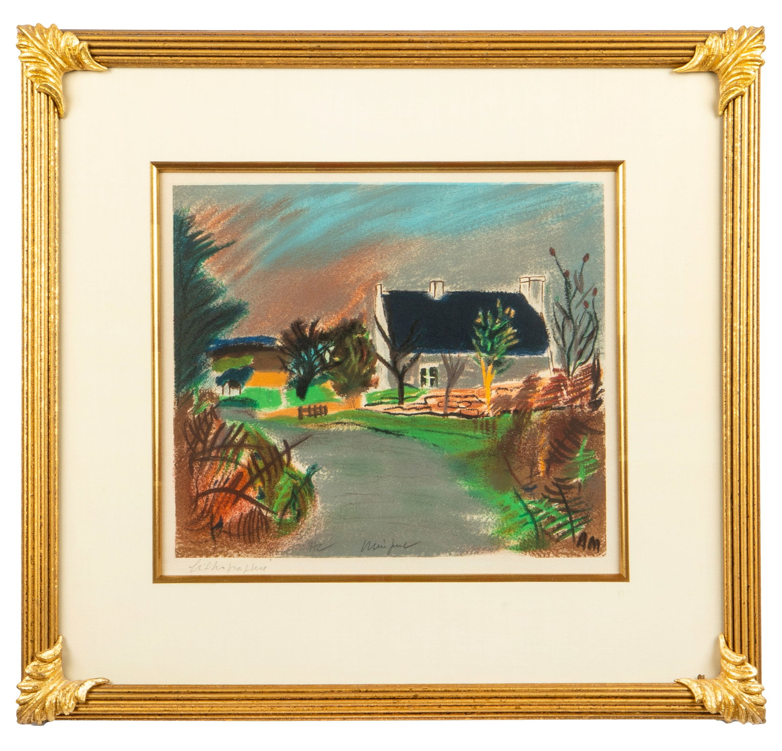 Alexandre Minguet (1937-1996) French Country Scene, Lithograph: Nicely presented. Purchased directly from the artist in November, 1990; Grand Case Studio, St. Martin. 9 1/4" x 10 1/2", matted and framed to 17" x 18".