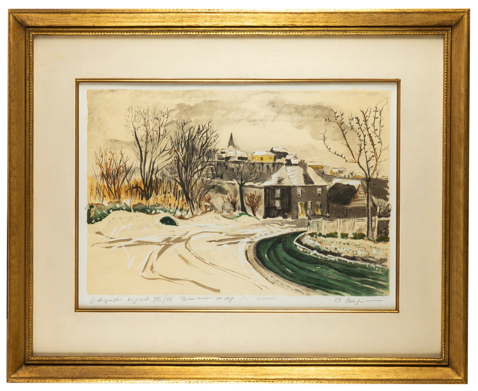 Alexandre Minguet (1937-1996) French Country Scene, Lithograph: Nicely presented. Purchased directly from the artist in March, 1991; Grand Case Studio, St. Martin. 15" x 22", matted and framed to 27" x 33".