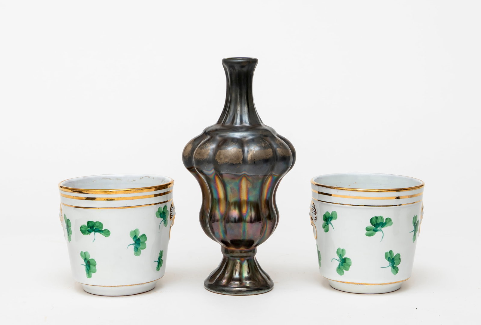 A Pair of Italian Majolica Clover Urns and Deruta Vase with Metallic and Iridescent Glaze (1 of 11)