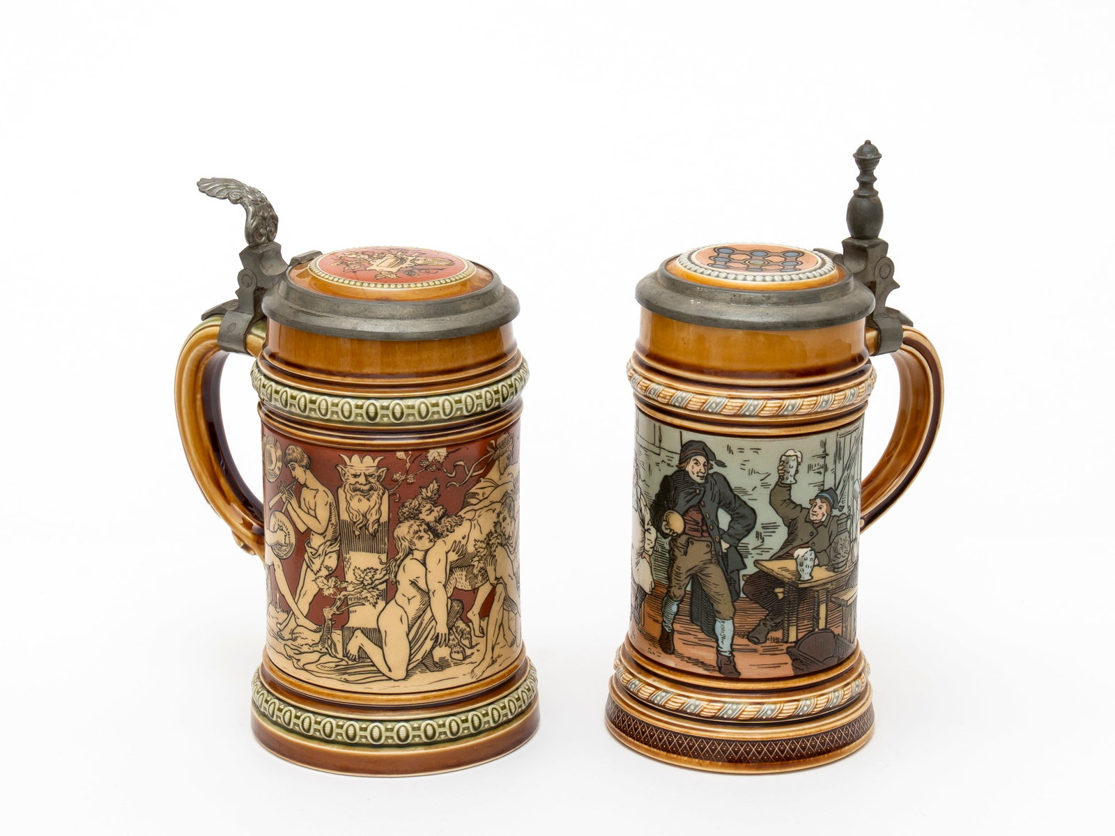 Two V&B Mettlach Half Liter Steins; Bacchanalia (2035) and C. Warth Tavern Scene (1403) (1 of 16)
