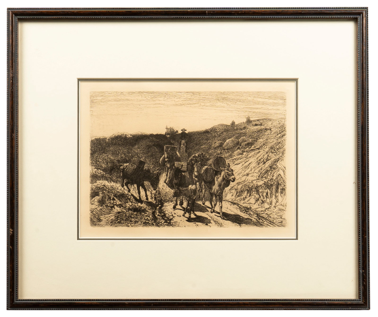 Peter Moran (1842-1914) A Burro Train, New Mexico, c.1881-1883: Etching, plate signed lower right. 6 1/2" x 9 3/8", matted and framed to 14 1/2" x 17".