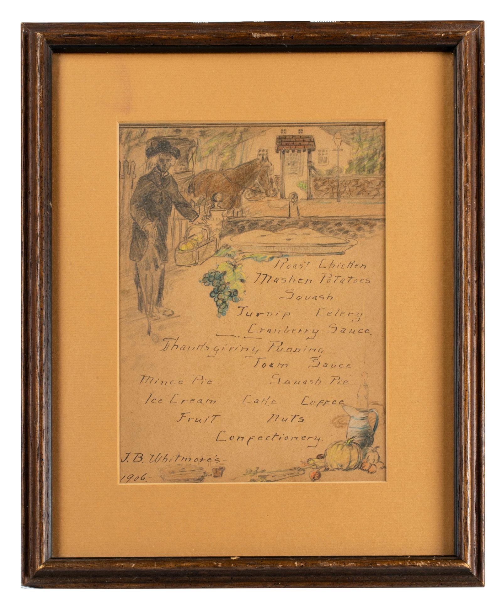 1906 Hand Drawn Thanksgiving Dinner Advertisement for J.B. Whitemore's, Holyoke, MA: Ink, pencil and colored pencil on paper; the top with a scene with a well dressed man in a hat, with an umbrella and shopping basket in front of a horse carriage and house; over a list of foods. Note 