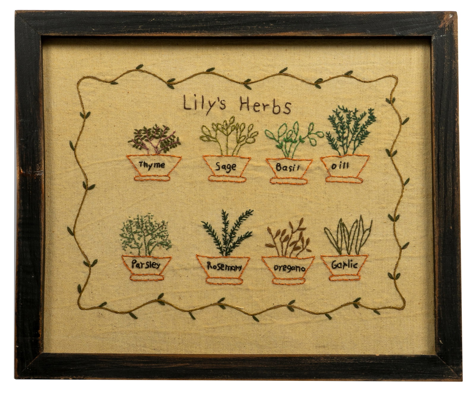 A Vintage Needlwork Embroidery Sampler, "Lily's Herbs": Overall size 11" x 13".