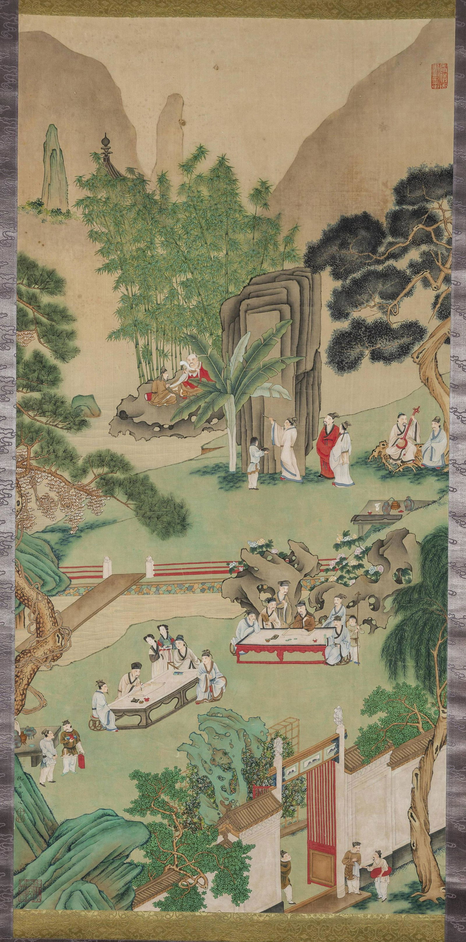 A LANDSCAPE AND LITERATI PAINTING BY QIU YING.: Landscape and Literati Meeting Painting on Silk, Hand Painted by Qiu Ying.