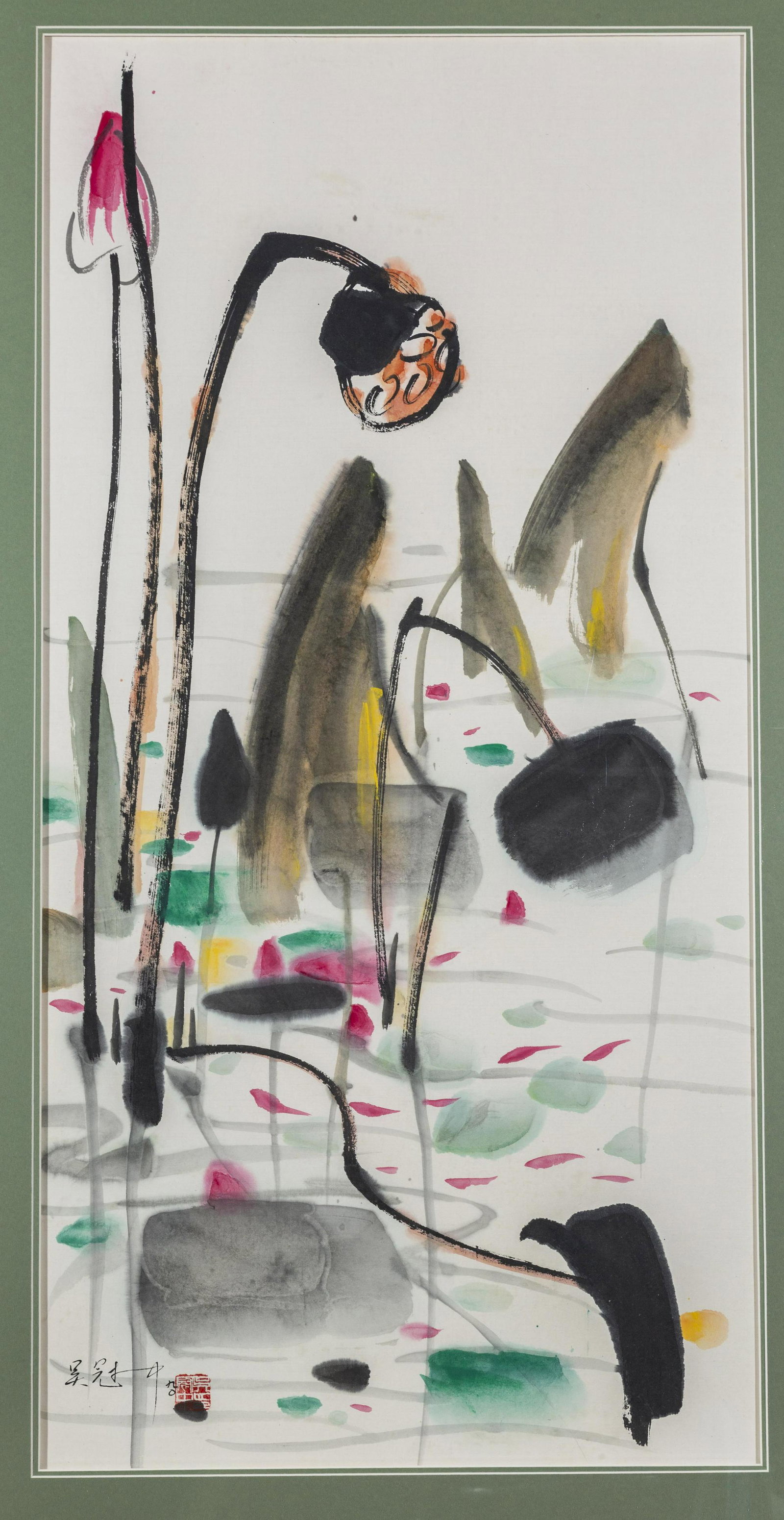 A LOTUS PAINTING ON PAPER BY WU GUANZHONG.: Lotus Painting on Paper, Hand Painted by Wu Guanzhong, with Frame.