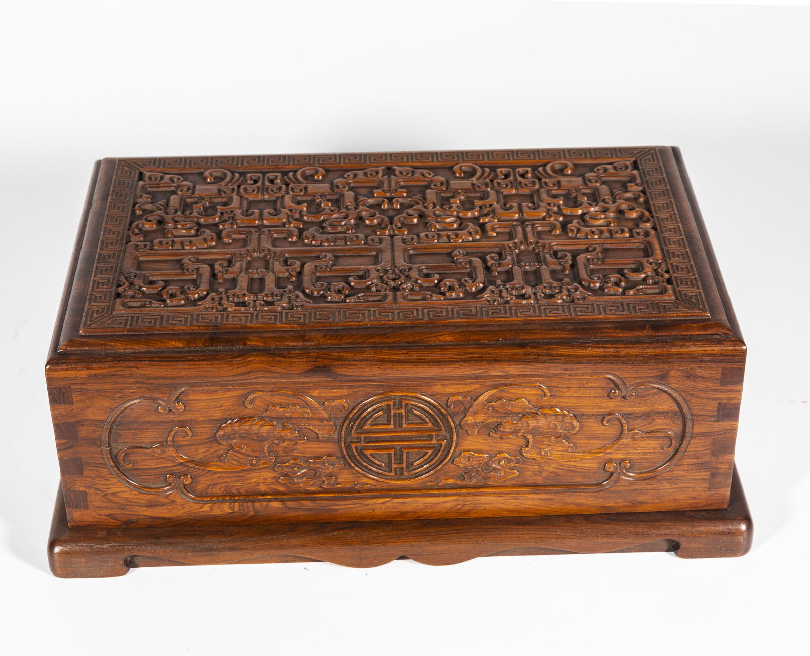 A HUANGHUALI WOOD BOX, CARVED DRAGON DESIGN. (1 of 8)