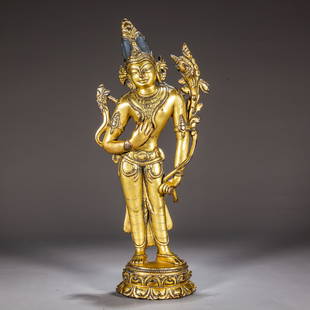 A GILT BRONZE STANDING PADMAPANI BUDDHA STATUE.: Gilt Bronze Standing Padmapani Buddha Statue.