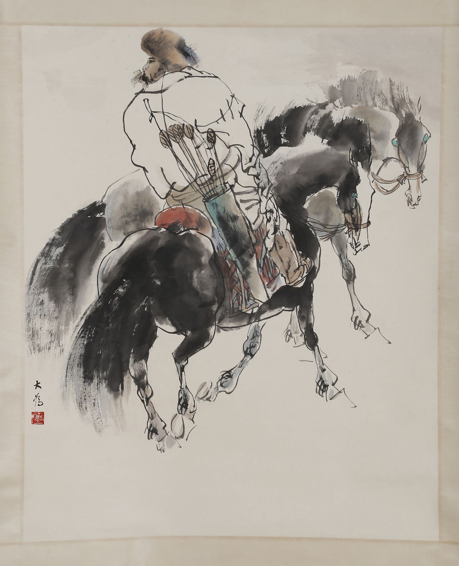 A HUNTING PAINTING ON PAPER BY LIU DAWEI.刘大为: Hunting Painting on Paper, Hand Painted by Liu Dawei.刘大为